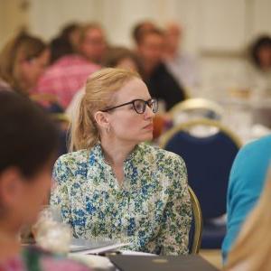 A Montevallo faculty member listens to a presentation at the Faculty Convocation.